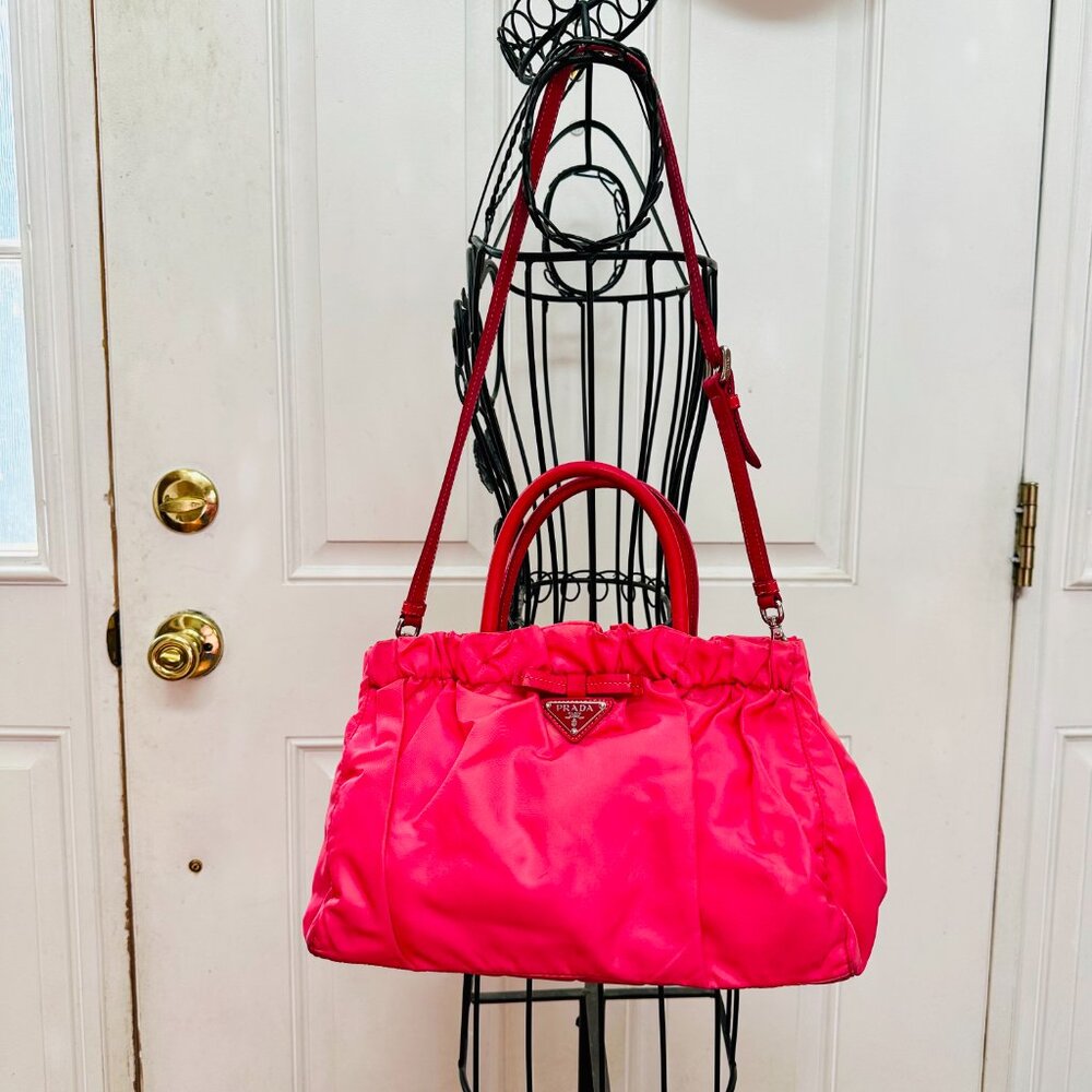 AUTH PRADA PINK TESSUTO NYLON SATCHEL BAG AND LEATHER ZIP-AROUND LONG WALLET SET - Picture 2 of 16